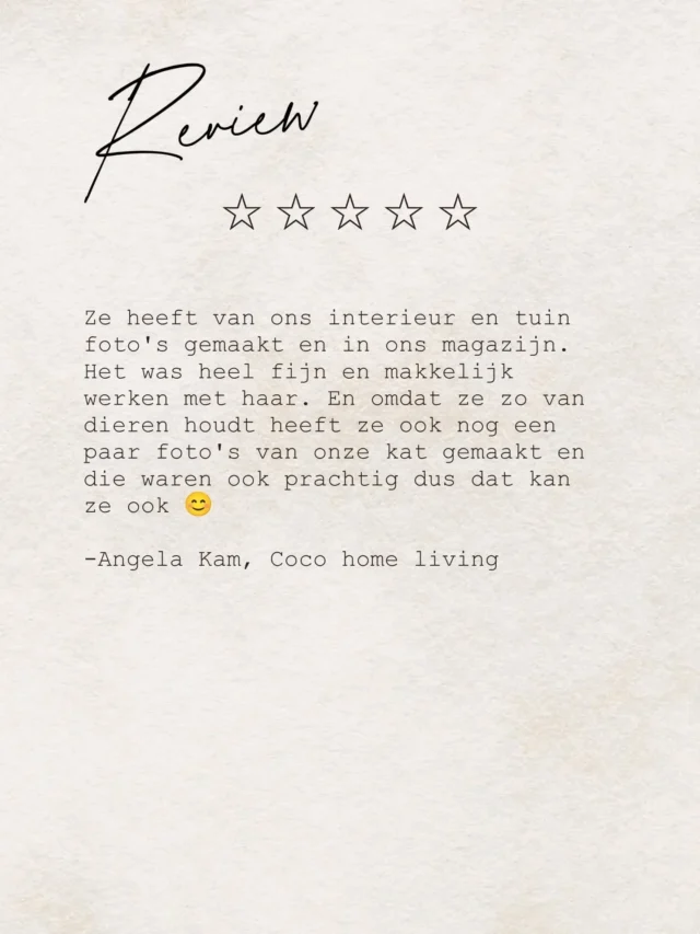 Review ⭐️

📸 Van mooie foto's word ik blij, van mooie reviews nog meer. Bedankt voor de fijne feedback! ⭐

#review #googlereview #vastgoedfotograaf